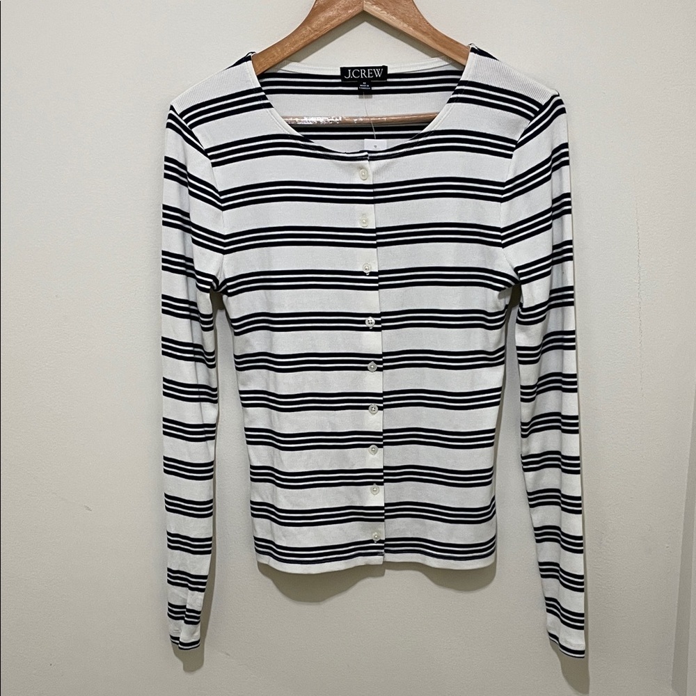 J. Crew Black Off-white/Cream Striped Ribbed Button-Front Long Sleeve Top M $70